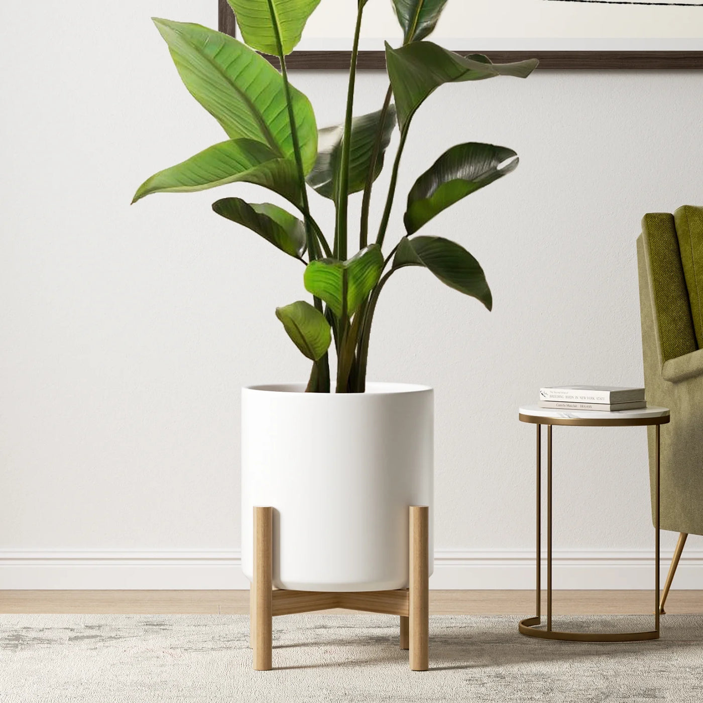 12" Ceramic Plant Pot, Large Indoor Outdoor Planter for Plants, Mid-Century Modern White Flower Pot with Drainage Hole and Plug (Plant Not Included)