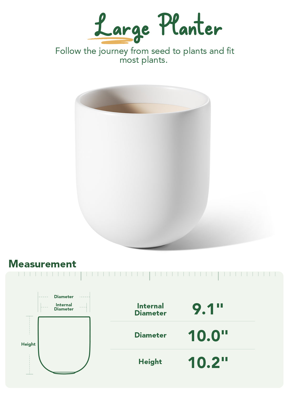 10" Ceramic Plant Pots, Indoor Planter with Drainage Hole & Plug, Ceramic Planter for Outdoor Decorative, White Planter