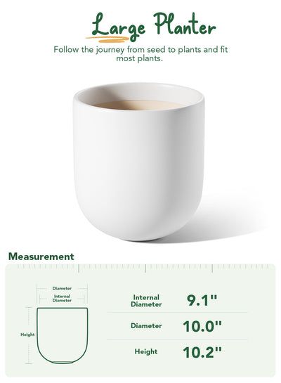 10" Ceramic Plant Pots, Indoor Planter with Drainage Hole & Plug, Ceramic Planter for Outdoor Decorative, White Planter