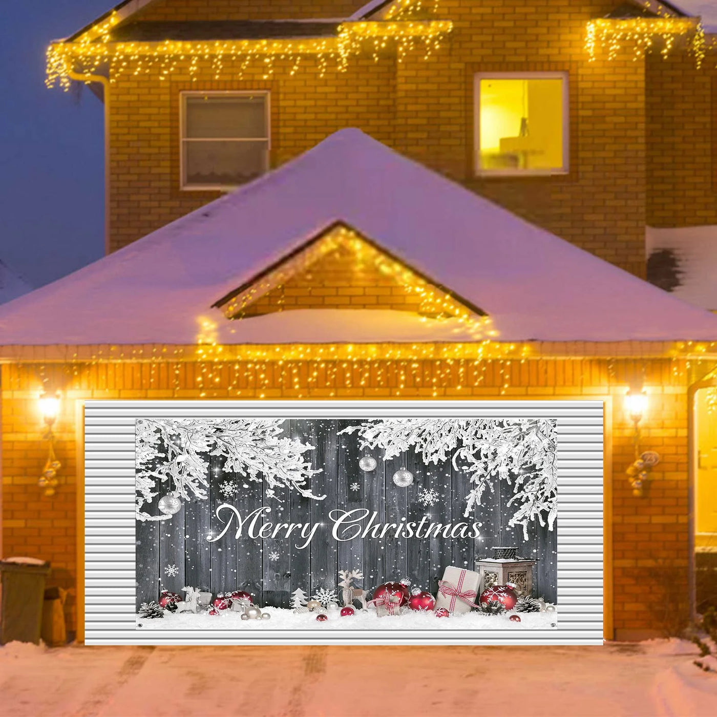 Christmas Garage Door Cover Large 16X7 FT with Snowflakes Design for Holiday Decorations Easy Install Durable Polyester