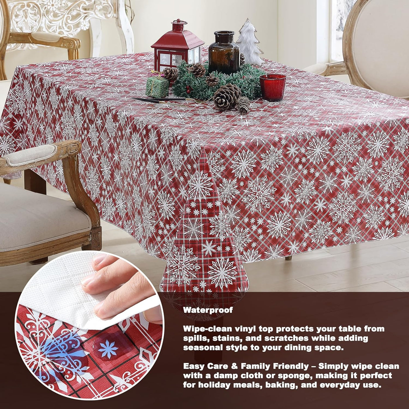 Snowfall Snowflake Plaid Christmas Vinyl Tablecloth with Flannel Backing, Red, Wipe Clean Contemporary Snowflake Design, 52 X 70 Inch Rectangle