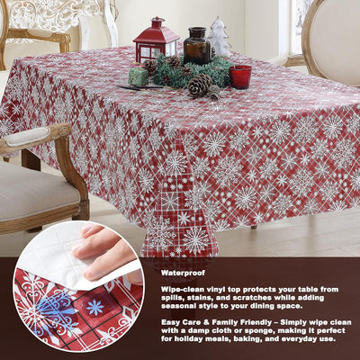Snowfall Snowflake Plaid Christmas Vinyl Tablecloth with Flannel Backing, Red, Wipe Clean Contemporary Snowflake Design, 52 X 70 Inch Rectangle