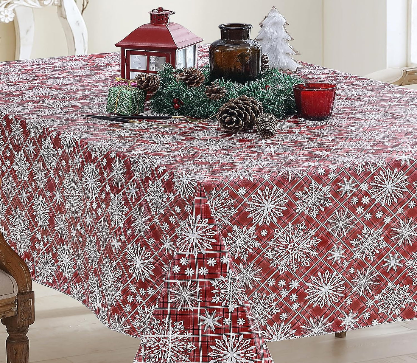 Snowfall Snowflake Plaid Christmas Vinyl Tablecloth with Flannel Backing, Red, Wipe Clean Contemporary Snowflake Design, 52 X 70 Inch Rectangle