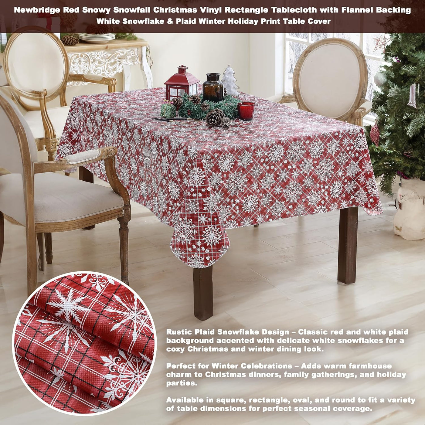 Snowfall Snowflake Plaid Christmas Vinyl Tablecloth with Flannel Backing, Red, Wipe Clean Contemporary Snowflake Design, 52 X 70 Inch Rectangle
