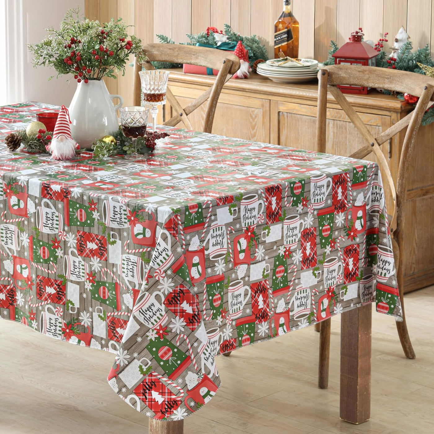 Jolly Holiday Candy Cane Christmas Vinyl Tablecloth with Flannel Backing, Grey Red Green Wipe Clean Table Cover, 60 X 84 Inch Rectangle