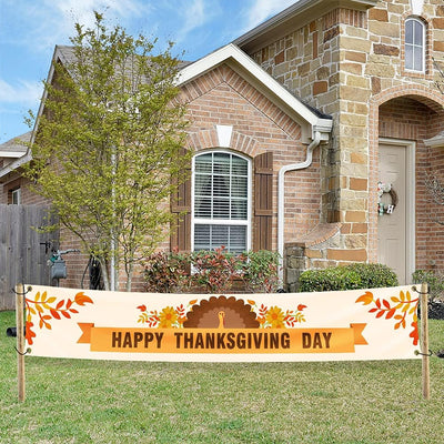 Large Happy Thanksgiving Banner Thanksgiving Decorations Autumn Banner Thanksgiving Turkey Maple Leaf Pumpkin Logo Banner for Thanksgiving Party Outdoor and Indoor Decoration with 4 Brass Grommets 120 Inches X 20 Inches (Colour4)