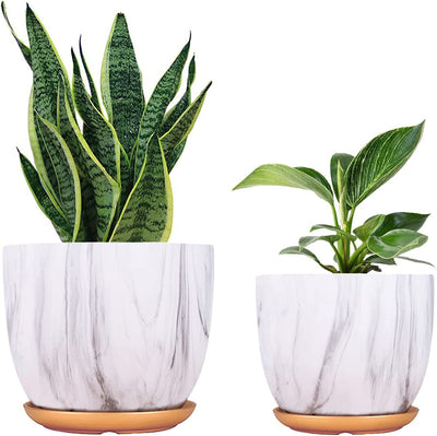 7 Inch Plant Pot with Drainage and Saucer, 5.5 Inch Ceramic Planters Indoor Plants, Flower Pot Outdoor, Marble Planter Pink Indoor Pots for Plants (7"+5.5" Plant Pot and Gold Saucers Inculded)