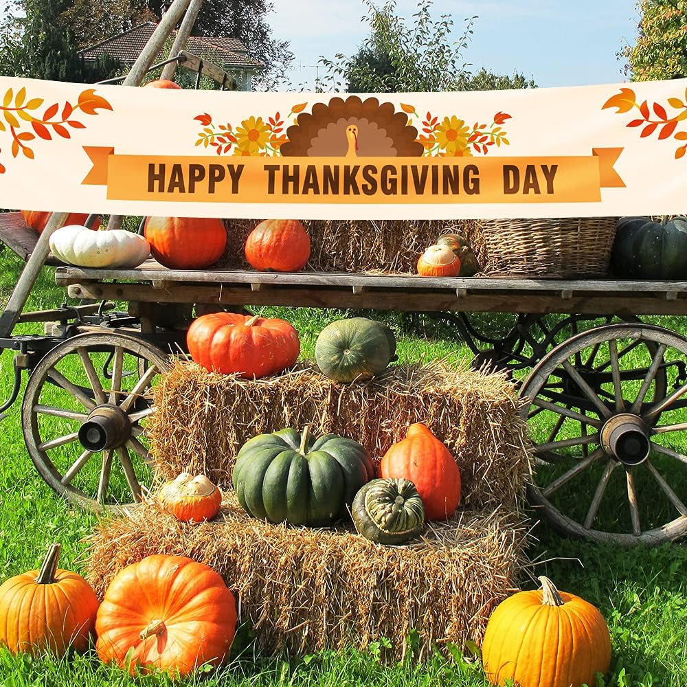Large Happy Thanksgiving Banner Thanksgiving Decorations Autumn Banner Thanksgiving Turkey Maple Leaf Pumpkin Logo Banner for Thanksgiving Party Outdoor and Indoor Decoration with 4 Brass Grommets 120 Inches X 20 Inches (Colour4)
