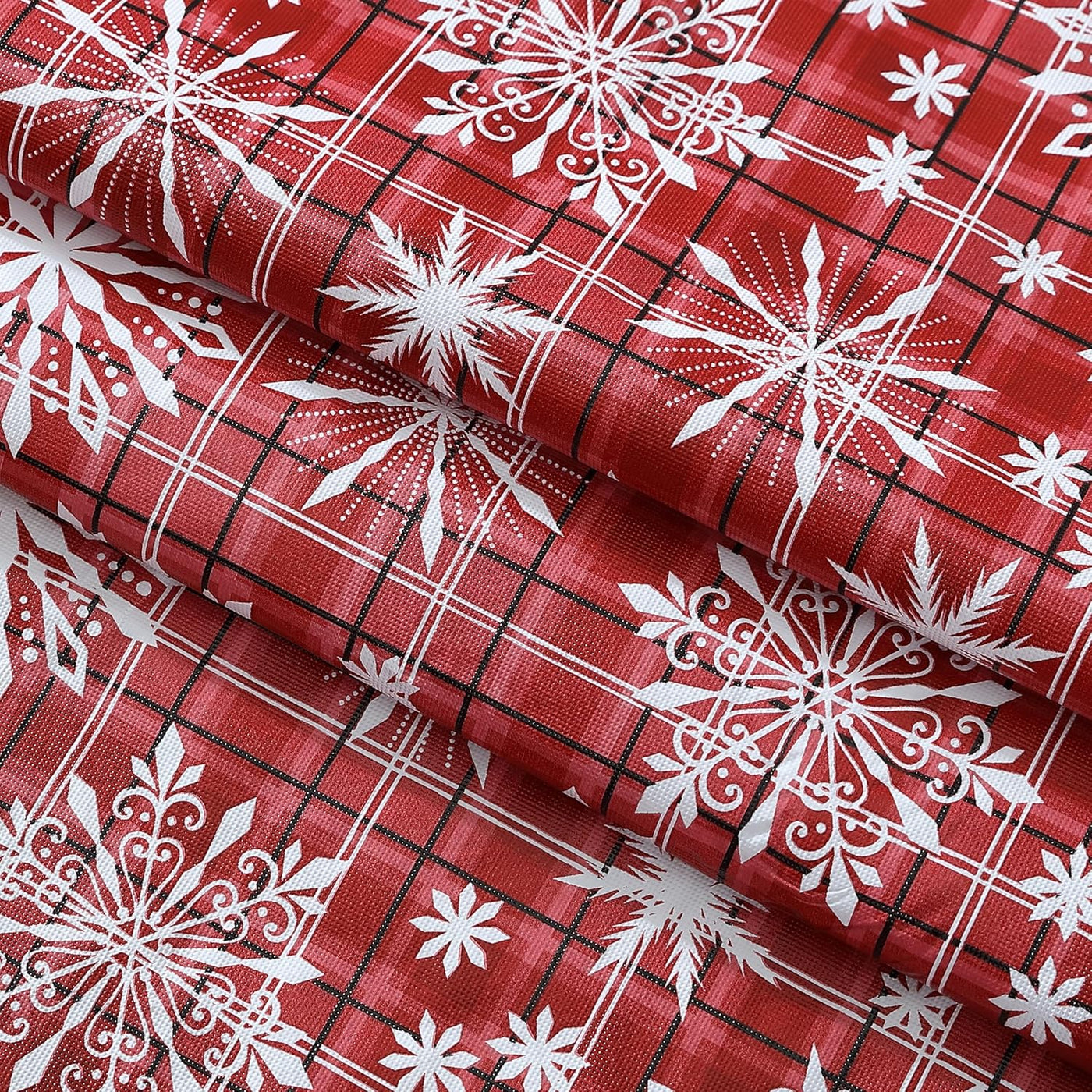 Snowfall Snowflake Plaid Christmas Vinyl Tablecloth with Flannel Backing, Red, Wipe Clean Contemporary Snowflake Design, 52 X 70 Inch Rectangle