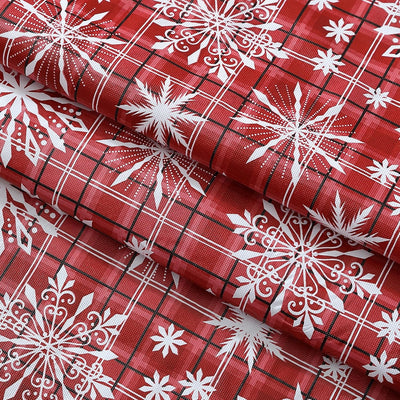 Snowfall Snowflake Plaid Christmas Vinyl Tablecloth with Flannel Backing, Red, Wipe Clean Contemporary Snowflake Design, 52 X 70 Inch Rectangle