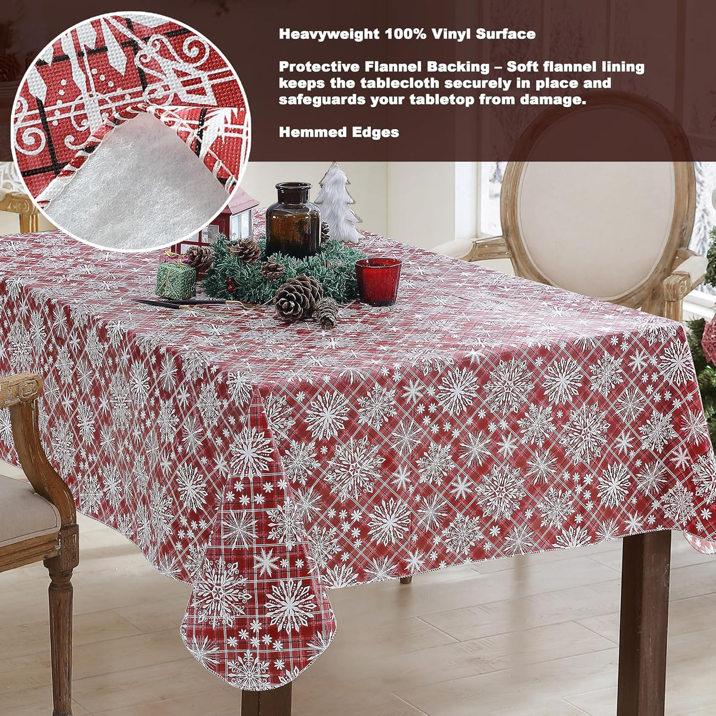 Snowfall Snowflake Plaid Christmas Vinyl Tablecloth with Flannel Backing, Red, Wipe Clean Contemporary Snowflake Design, 52 X 70 Inch Rectangle