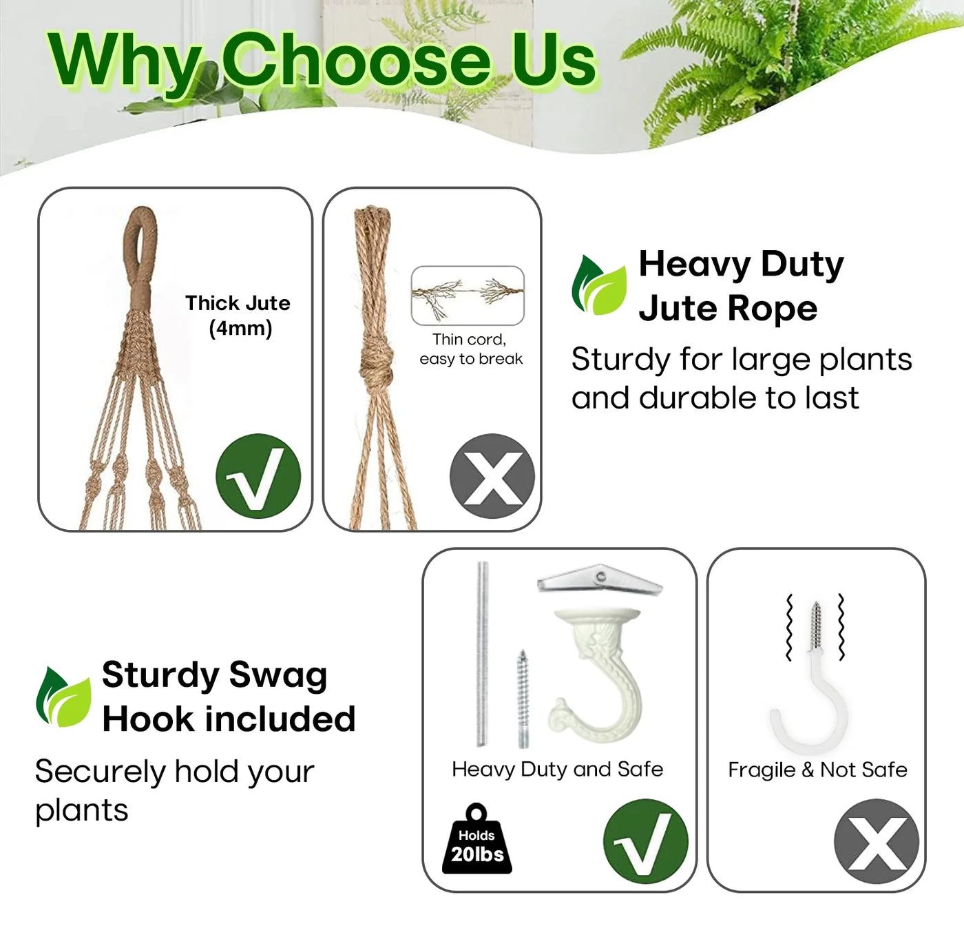 2PACK 43 Inches Macrame Planter Hanger Large for up to 12 Inch Pot + Swag Hook | Extra Long, No Tassel, Jute Rope | Hanging Planter for Indoor Plants, No Pot/Plant Included (Brown)