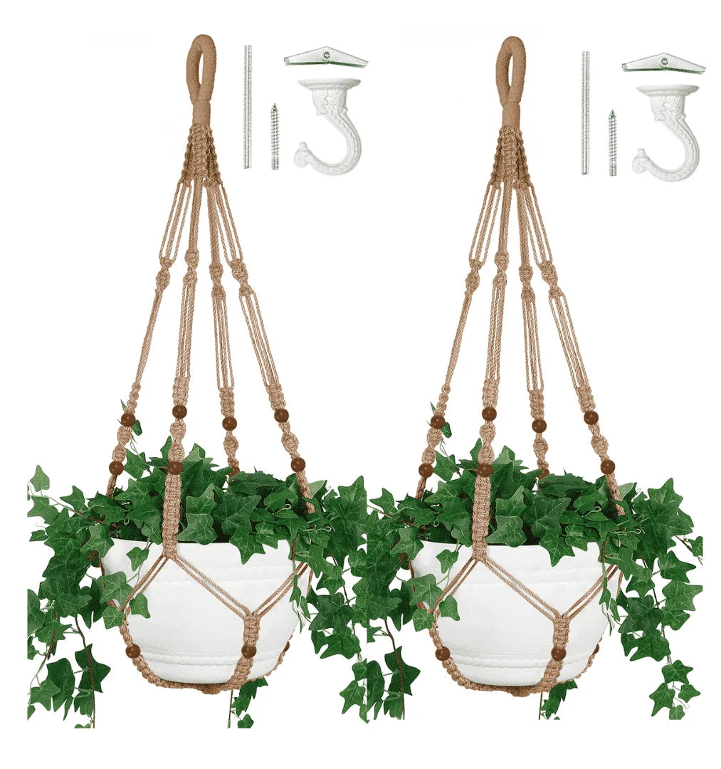 2PACK 43 Inches Macrame Planter Hanger Large for up to 12 Inch Pot + Swag Hook | Extra Long, No Tassel, Jute Rope | Hanging Planter for Indoor Plants, No Pot/Plant Included (Brown)