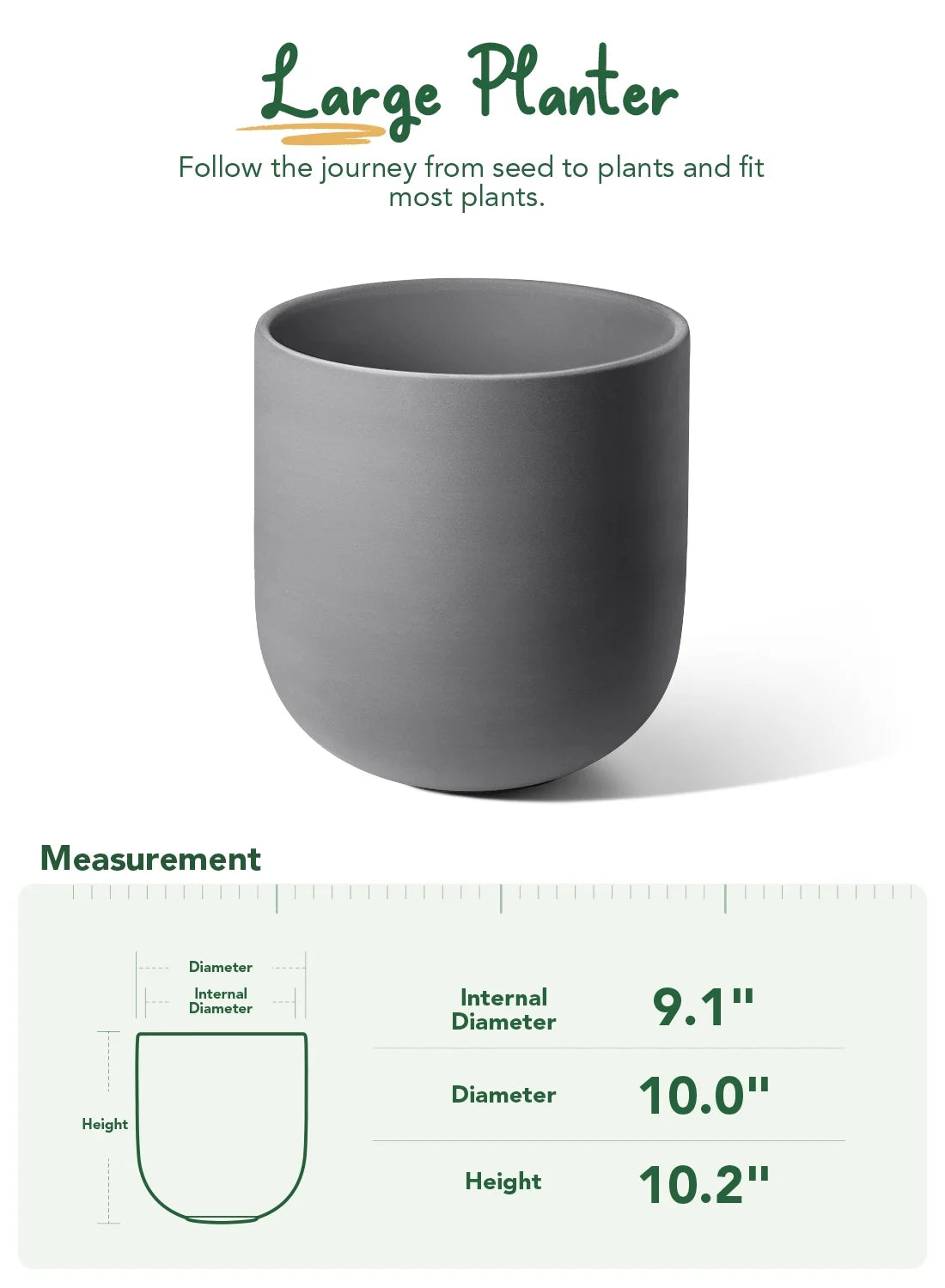 10" Plant Pots, Ceramic Flower Pots with Drainage Hole & Plug, Indoor Planter for Outdoor Decorative,Charcoal Gray