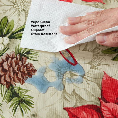 Majestic Winter Poinsettia Christmas Vinyl Tablecloth with Flannel Backing, Noel & Holly Berry Holiday Print, Easy Care Wipe Clean Table Cover, 52 X 70 Inch Rectangle