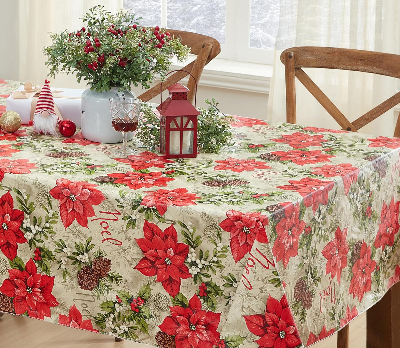 Majestic Winter Poinsettia Christmas Vinyl Tablecloth with Flannel Backing, Noel & Holly Berry Holiday Print, Easy Care Wipe Clean Table Cover, 52 X 70 Inch Rectangle