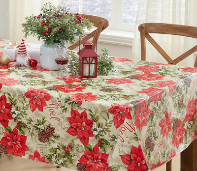 Majestic Winter Poinsettia Christmas Vinyl Tablecloth with Flannel Backing, Noel & Holly Berry Holiday Print, Easy Care Wipe Clean Table Cover, 52 X 70 Inch Rectangle