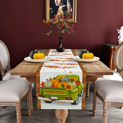 Thanksgiving Table Runner, Fall Table Runner Thanksgiving Decorations Green Truck Thanksgiving Table Decorations for Indoor Outdoor Thanksgiving Party Dining Table Decor (13" X 72")