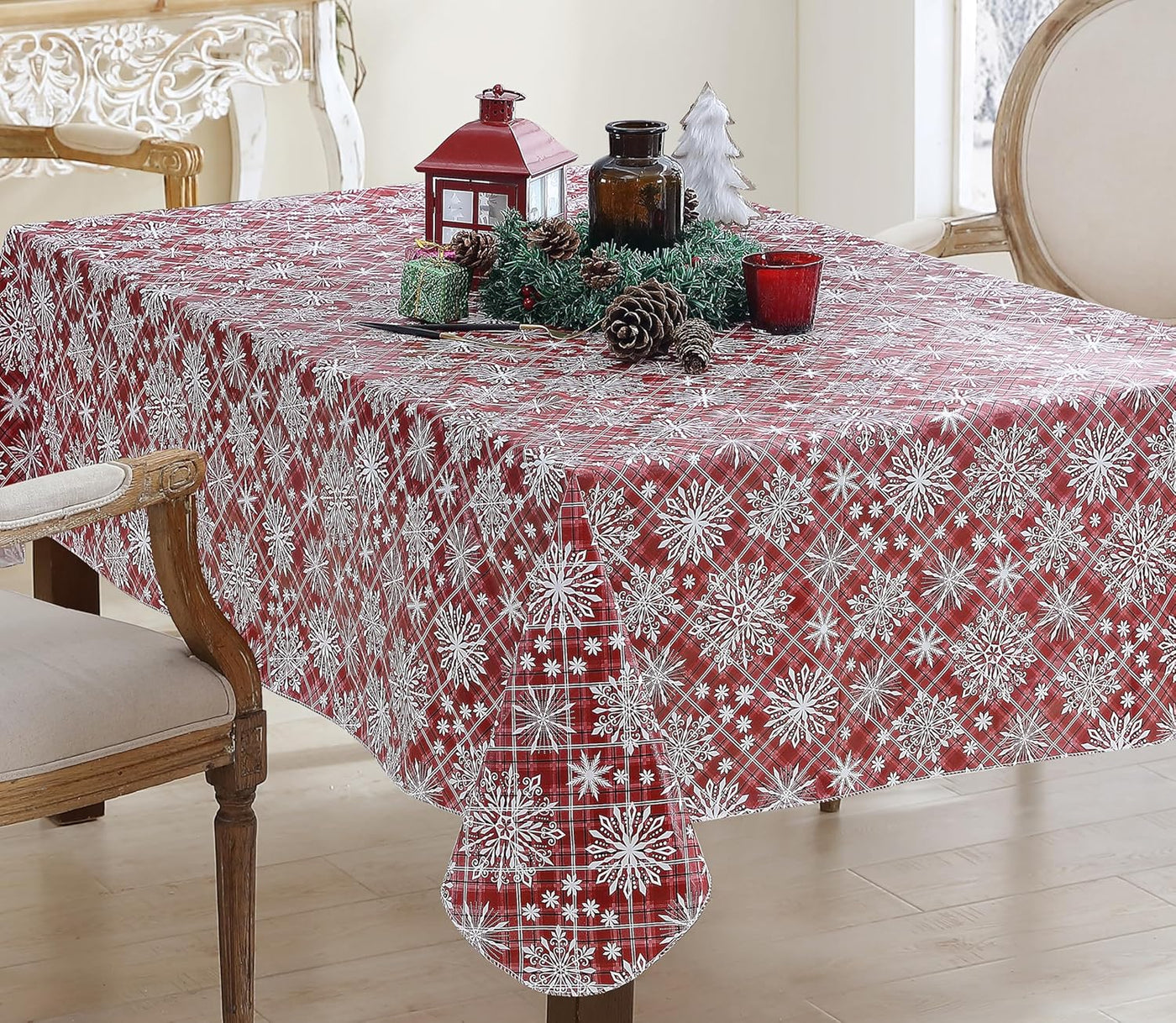 Snowfall Snowflake Plaid Christmas Vinyl Tablecloth with Flannel Backing, Red, Wipe Clean Contemporary Snowflake Design, 52 X 70 Inch Rectangle
