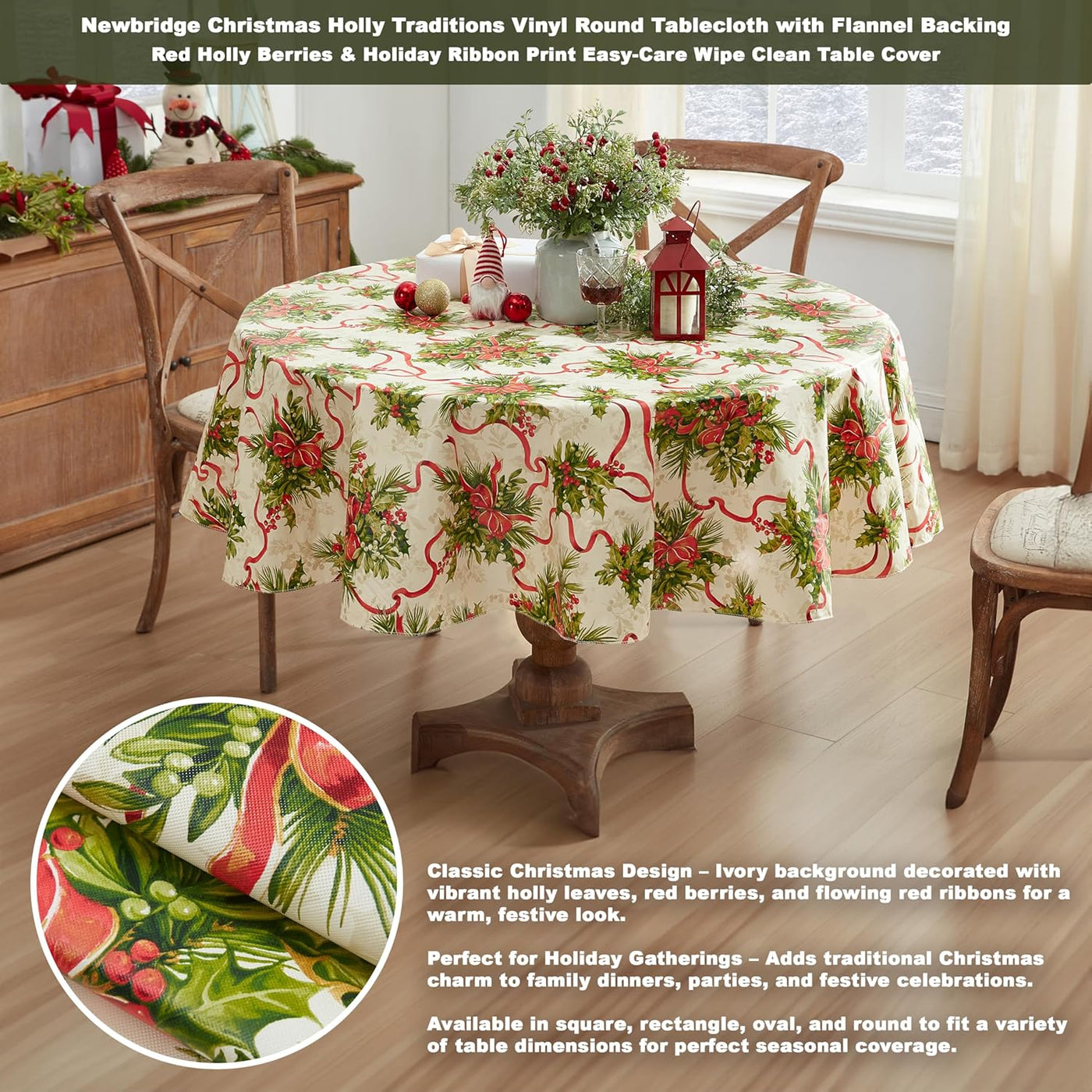 Christmas Holly Traditions 70 Inch round Vinyl Tablecloth with Flannel Backing – Red Holly Berries & Holiday Ribbon Print Easy-Care Wipe Clean Table Cover