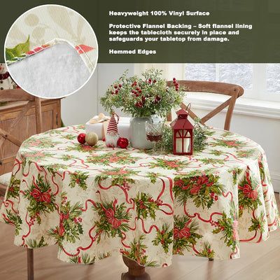 Christmas Holly Traditions 70 Inch round Vinyl Tablecloth with Flannel Backing – Red Holly Berries & Holiday Ribbon Print Easy-Care Wipe Clean Table Cover