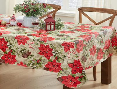 Majestic Winter Poinsettia Christmas Vinyl Tablecloth with Flannel Backing, Noel & Holly Berry Holiday Print, Easy Care Wipe Clean Table Cover, 52 X 70 Inch Rectangle