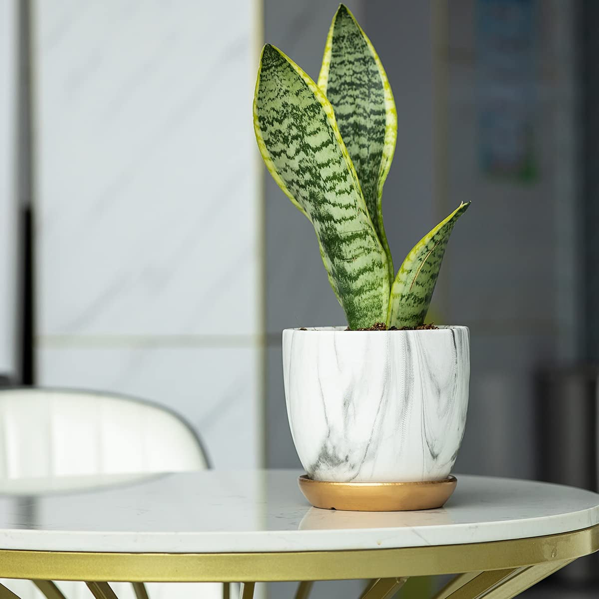 7 Inch Plant Pot with Drainage and Saucer, 5.5 Inch Ceramic Planters Indoor Plants, Flower Pot Outdoor, Marble Planter Pink Indoor Pots for Plants (7"+5.5" Plant Pot and Gold Saucers Inculded)