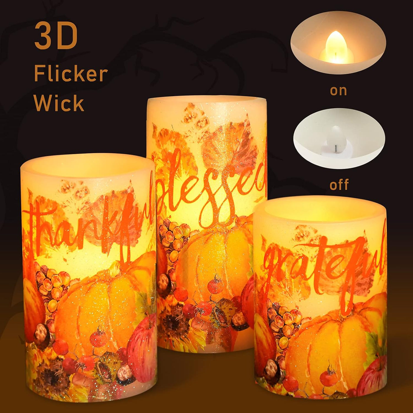 Pumpkin Flameless Candles with Remote Real Wax LED Candles - Home Party Christmas Botanical Fall Thanksgiving Decor - Set of 3
