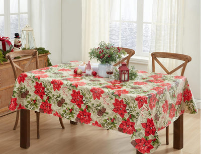 Majestic Winter Poinsettia Christmas Vinyl Tablecloth with Flannel Backing, Noel & Holly Berry Holiday Print, Easy Care Wipe Clean Table Cover, 52 X 70 Inch Rectangle
