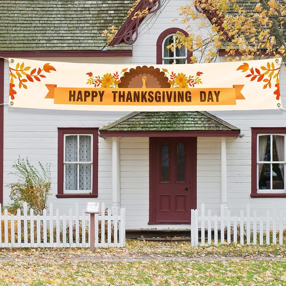 Large Happy Thanksgiving Banner Thanksgiving Decorations Autumn Banner Thanksgiving Turkey Maple Leaf Pumpkin Logo Banner for Thanksgiving Party Outdoor and Indoor Decoration with 4 Brass Grommets 120 Inches X 20 Inches (Colour4)