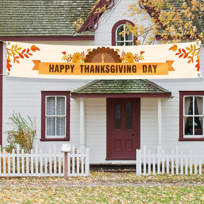 Large Happy Thanksgiving Banner Thanksgiving Decorations Autumn Banner Thanksgiving Turkey Maple Leaf Pumpkin Logo Banner for Thanksgiving Party Outdoor and Indoor Decoration with 4 Brass Grommets 120 Inches X 20 Inches (Colour4)