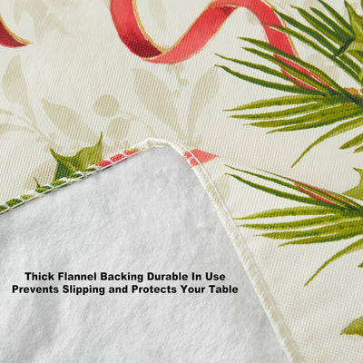 Christmas Holly Traditions 70 Inch round Vinyl Tablecloth with Flannel Backing – Red Holly Berries & Holiday Ribbon Print Easy-Care Wipe Clean Table Cover
