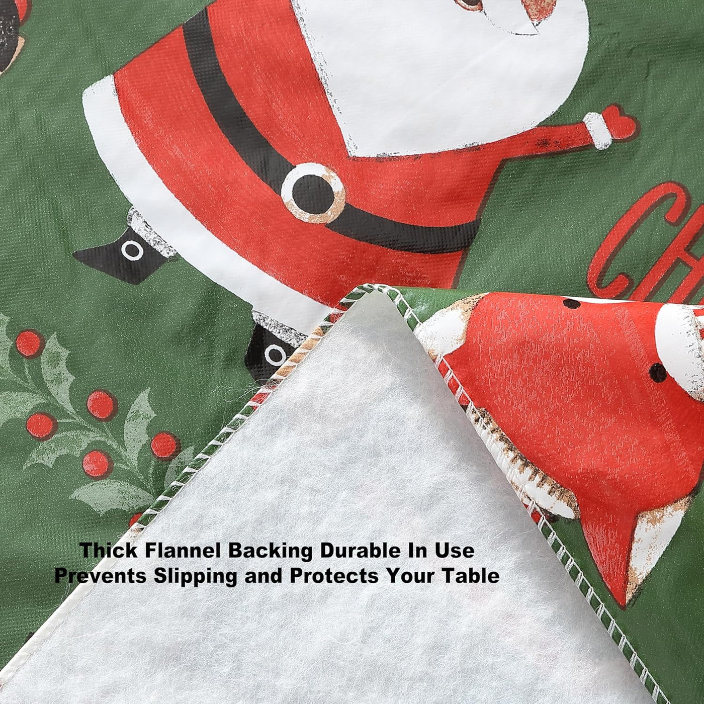 Holiday Critters Christmas Vinyl Tablecloth with Flannel Backing – 52 X 52 Inch Square – Cute Santa, Snowman, Penguin, Elves & Reindeer Print Easy-Care Wipe Clean Table Cover