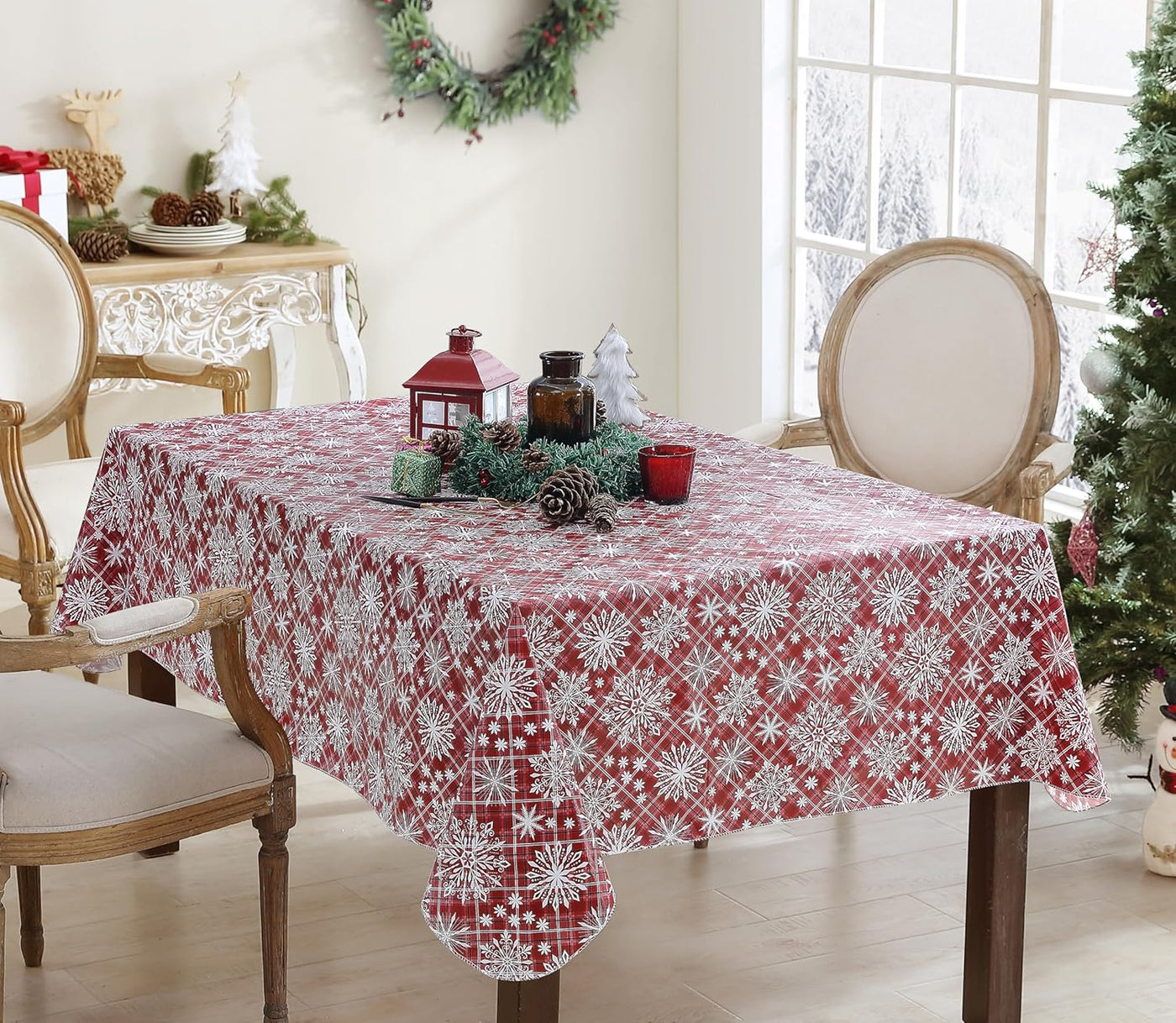 Snowfall Snowflake Plaid Christmas Vinyl Tablecloth with Flannel Backing, Red, Wipe Clean Contemporary Snowflake Design, 52 X 70 Inch Rectangle