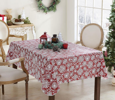 Snowfall Snowflake Plaid Christmas Vinyl Tablecloth with Flannel Backing, Red, Wipe Clean Contemporary Snowflake Design, 52 X 70 Inch Rectangle