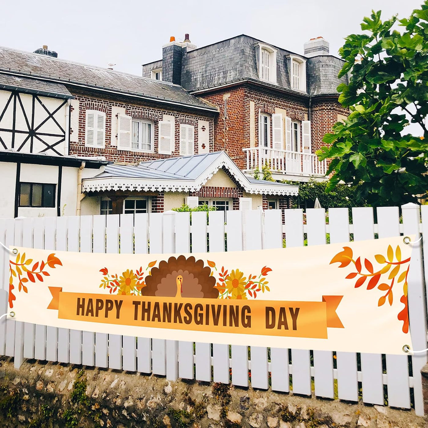 Large Happy Thanksgiving Banner Thanksgiving Decorations Autumn Banner Thanksgiving Turkey Maple Leaf Pumpkin Logo Banner for Thanksgiving Party Outdoor and Indoor Decoration with 4 Brass Grommets 120 Inches X 20 Inches (Colour4)