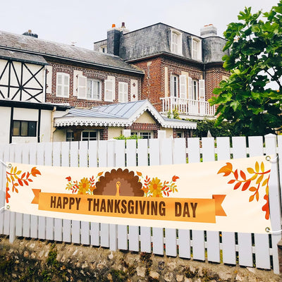 Large Happy Thanksgiving Banner Thanksgiving Decorations Autumn Banner Thanksgiving Turkey Maple Leaf Pumpkin Logo Banner for Thanksgiving Party Outdoor and Indoor Decoration with 4 Brass Grommets 120 Inches X 20 Inches (Colour4)