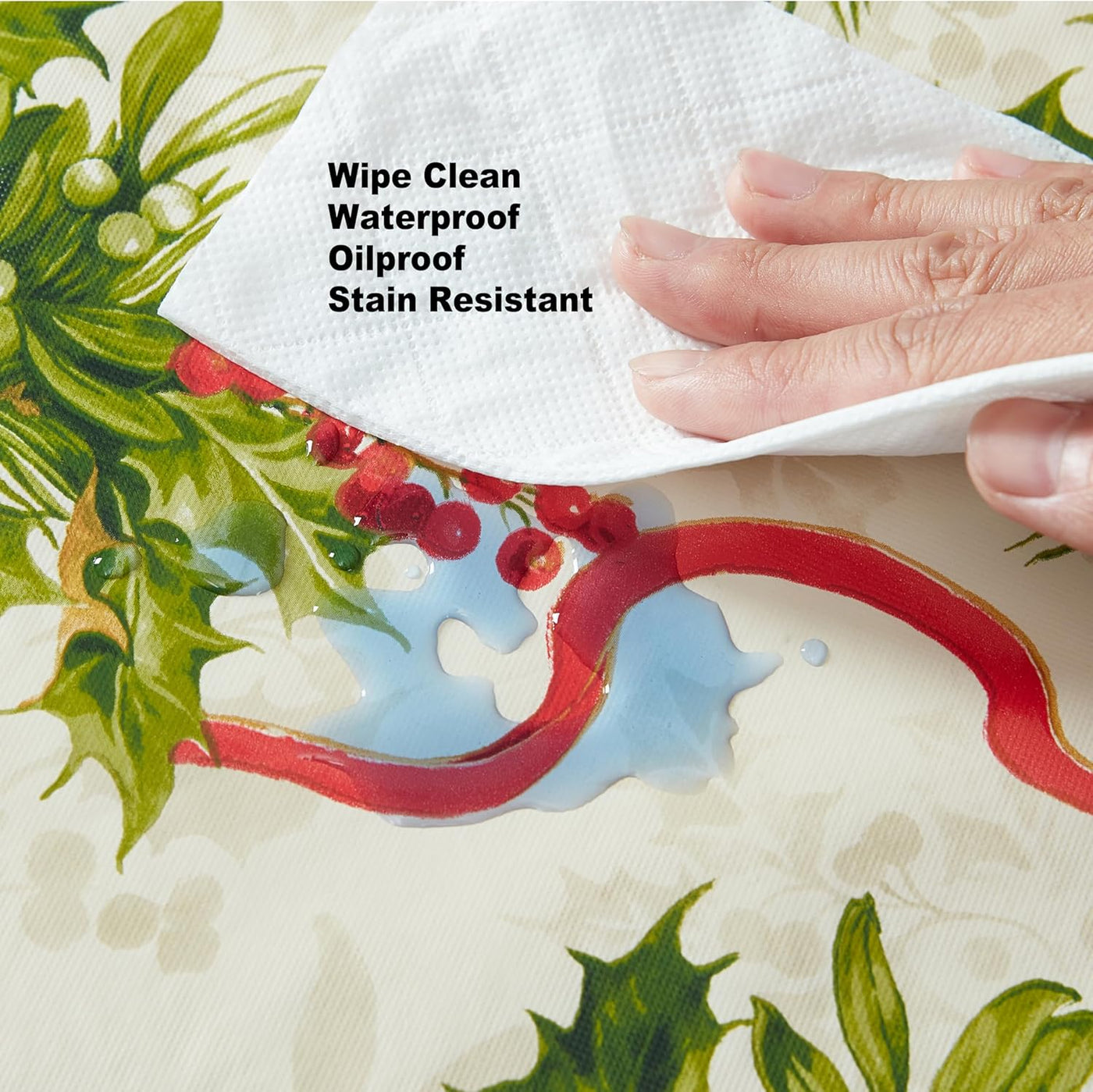 Christmas Holly Traditions 70 Inch round Vinyl Tablecloth with Flannel Backing – Red Holly Berries & Holiday Ribbon Print Easy-Care Wipe Clean Table Cover