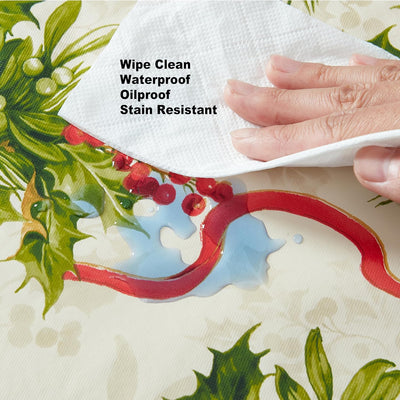 Christmas Holly Traditions 70 Inch round Vinyl Tablecloth with Flannel Backing – Red Holly Berries & Holiday Ribbon Print Easy-Care Wipe Clean Table Cover