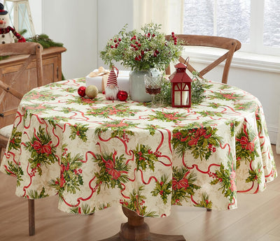 Christmas Holly Traditions 70 Inch round Vinyl Tablecloth with Flannel Backing – Red Holly Berries & Holiday Ribbon Print Easy-Care Wipe Clean Table Cover