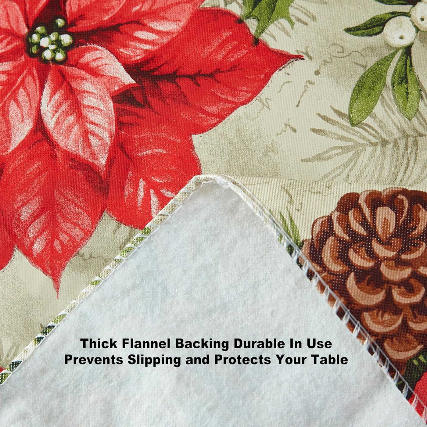 Majestic Winter Poinsettia Christmas Vinyl Tablecloth with Flannel Backing, Noel & Holly Berry Holiday Print, Easy Care Wipe Clean Table Cover, 52 X 70 Inch Rectangle