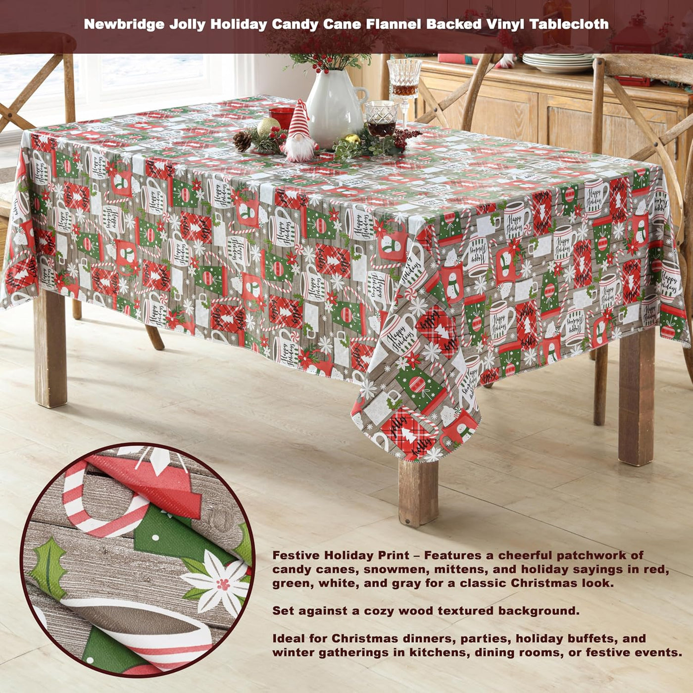 Jolly Holiday Candy Cane Christmas Vinyl Tablecloth with Flannel Backing, Grey Red Green Wipe Clean Table Cover, 60 X 84 Inch Rectangle