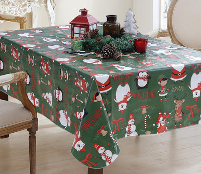 Holiday Critters Christmas Vinyl Tablecloth with Flannel Backing – 52 X 52 Inch Square – Cute Santa, Snowman, Penguin, Elves & Reindeer Print Easy-Care Wipe Clean Table Cover