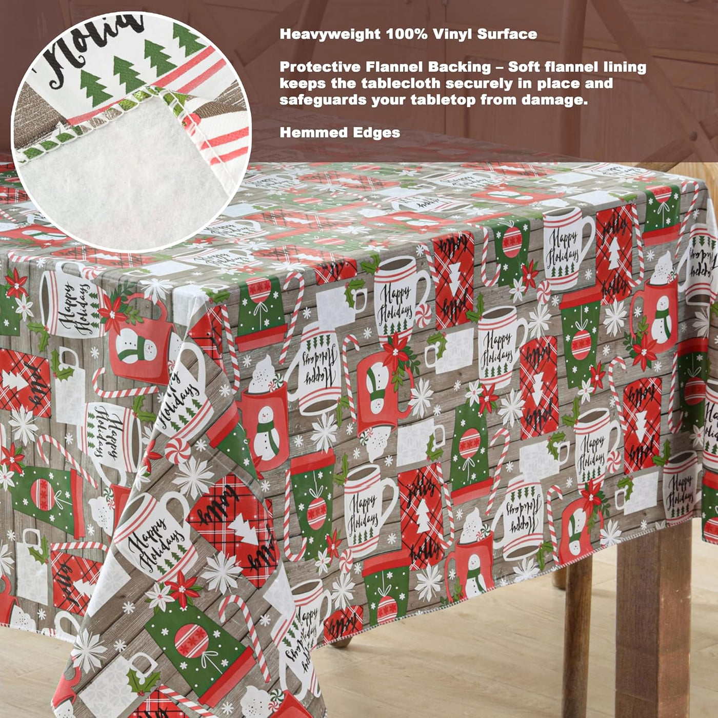 Jolly Holiday Candy Cane Christmas Vinyl Tablecloth with Flannel Backing, Grey Red Green Wipe Clean Table Cover, 60 X 84 Inch Rectangle