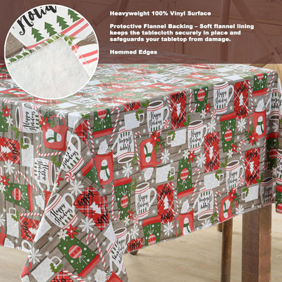Jolly Holiday Candy Cane Christmas Vinyl Tablecloth with Flannel Backing, Grey Red Green Wipe Clean Table Cover, 60 X 84 Inch Rectangle