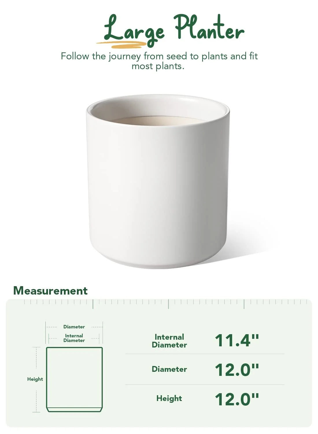 12" Ceramic Plant Pot, Large Indoor Outdoor Planter for Plants, Mid-Century Modern White Flower Pot with Drainage Hole and Plug (Plant Not Included)