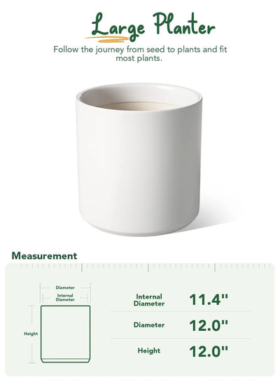12" Ceramic Plant Pot, Large Indoor Outdoor Planter for Plants, Mid-Century Modern White Flower Pot with Drainage Hole and Plug (Plant Not Included)