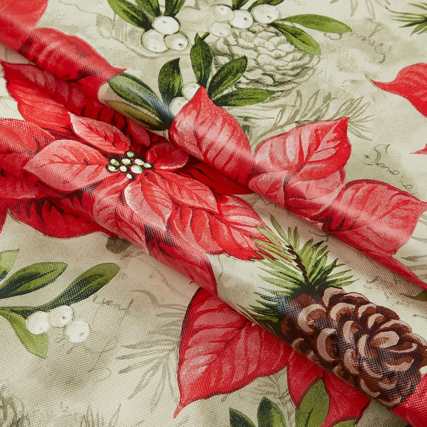Majestic Winter Poinsettia Christmas Vinyl Tablecloth with Flannel Backing, Noel & Holly Berry Holiday Print, Easy Care Wipe Clean Table Cover, 52 X 70 Inch Rectangle