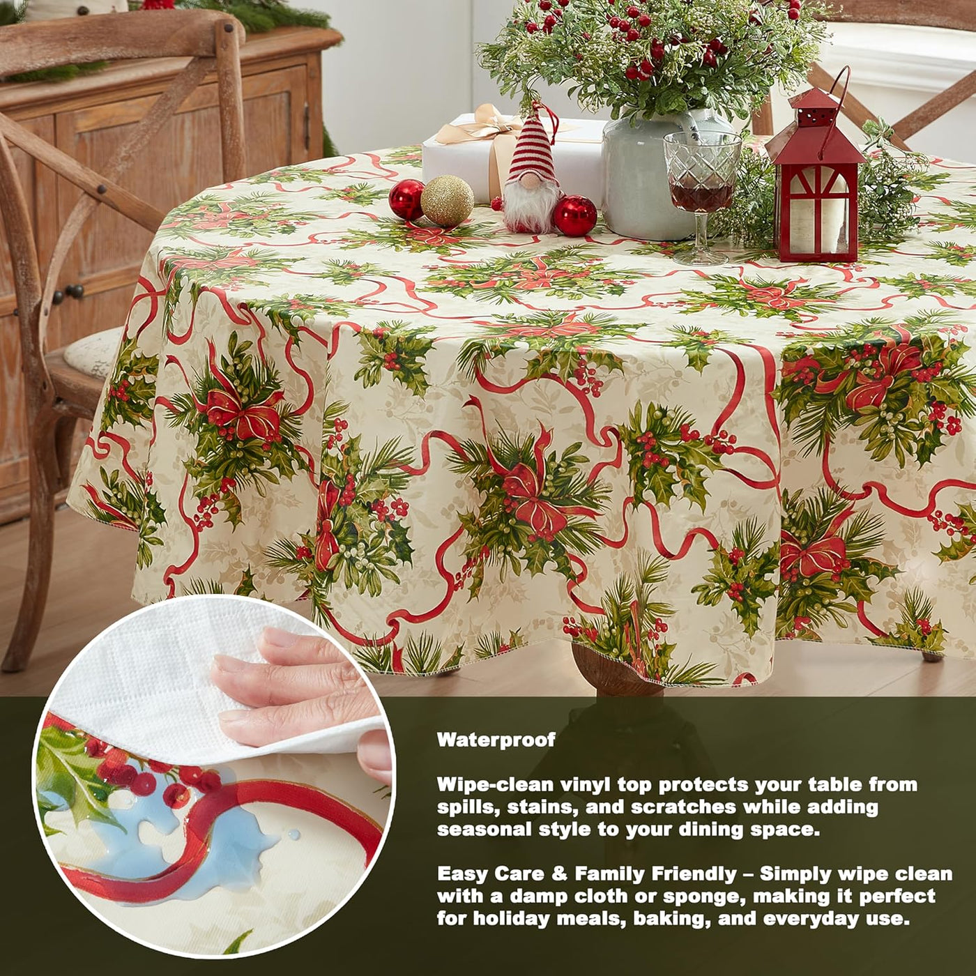 Christmas Holly Traditions 70 Inch round Vinyl Tablecloth with Flannel Backing – Red Holly Berries & Holiday Ribbon Print Easy-Care Wipe Clean Table Cover