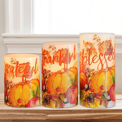 Pumpkin Flameless Candles with Remote Real Wax LED Candles - Home Party Christmas Botanical Fall Thanksgiving Decor - Set of 3
